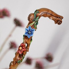 Flower field Elegant Light Wood Hand and Hand Painted Carved Walking Stick