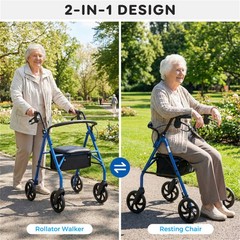 2 in 1 Blue Rollator Walker with Seat 8 Inch Large Wheels Adjustable Height