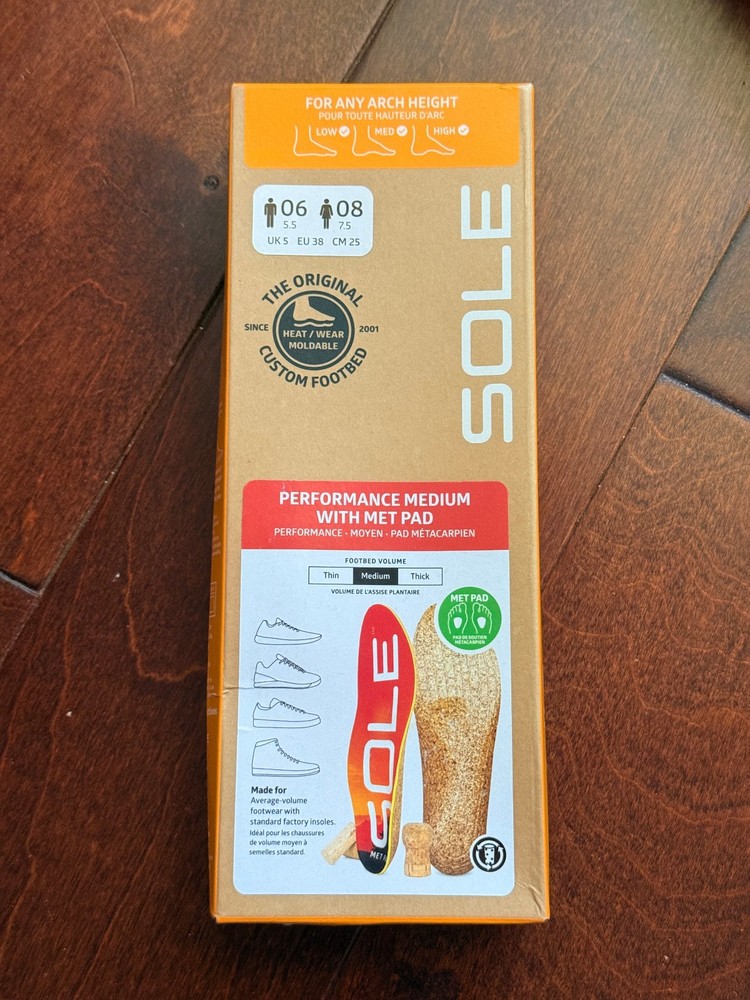 SOLE Performance Medium With Met Pad Insoles – Size M 06 / W 08 – Open Box