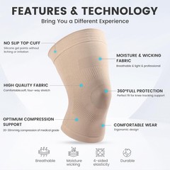 Knee Compression Sleeves, 1 Pair, Can Be Worn Under Medium (1 Pair), Beige