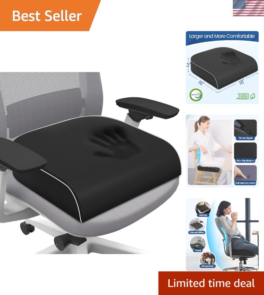 Ergonomic Black Memory Foam Cushion with Removable Cover for Office & Travel