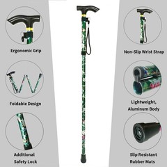 CLOKTA Folding Cane, 5-Level Adjustable Height 11×5.5×1 inch, Floral Green