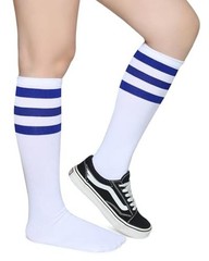 Triple Stripes Soft Cotton Knee High Tube Socks for Men One Size Blue/White