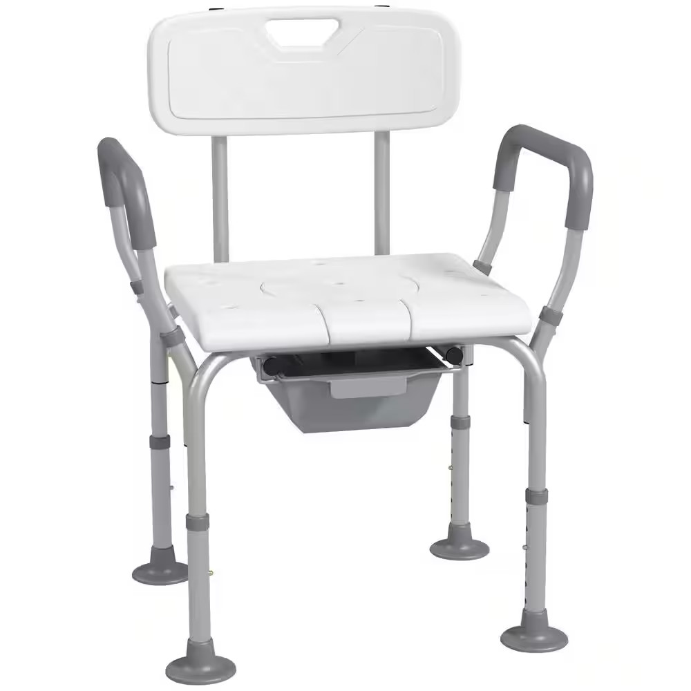 3-In-1 Shower Chair with Back and Arms, Height Adjustable Bedside Commode with N