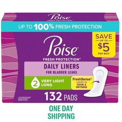 Poise Daily Incontinence Panty Liners, 2 Drop Very Light, 132 ct.