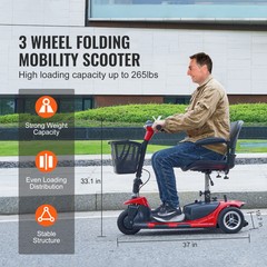 VEVOR 3-Wheel Folding Mobility Scooter for Seniors 12 Mile Range 265LBS Capacity
