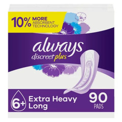 Always Discreet Plus Incontinence Pads for Women, Extra Heavy Long, 90 Count – M