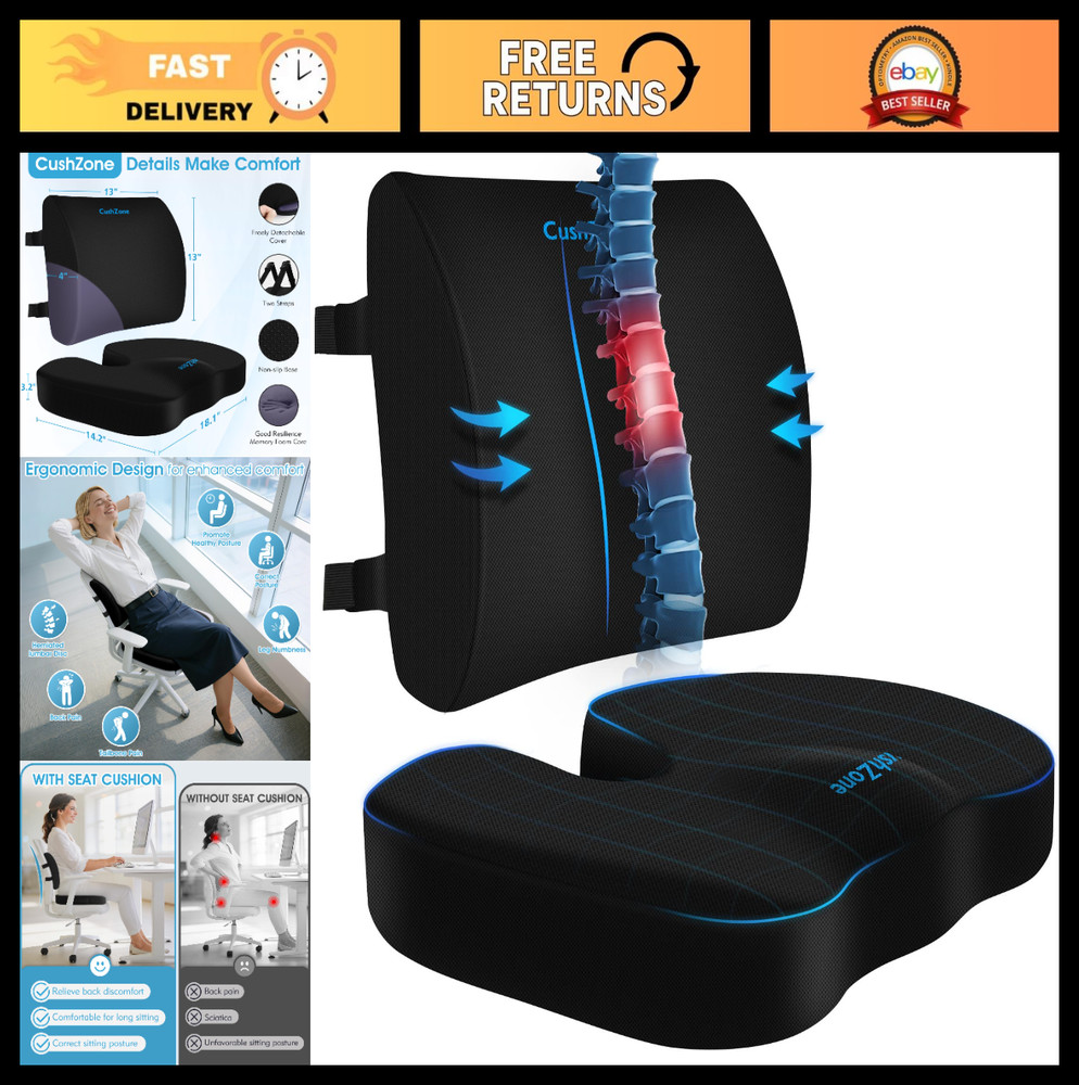 Ergonomic Memory Foam Seat Cushion & Lumbar Support Pillow for Sciatica Relief,