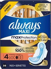 Always Maxi Pads Size 4 Overnight Absorbency Unscented with Wings, 33 Count