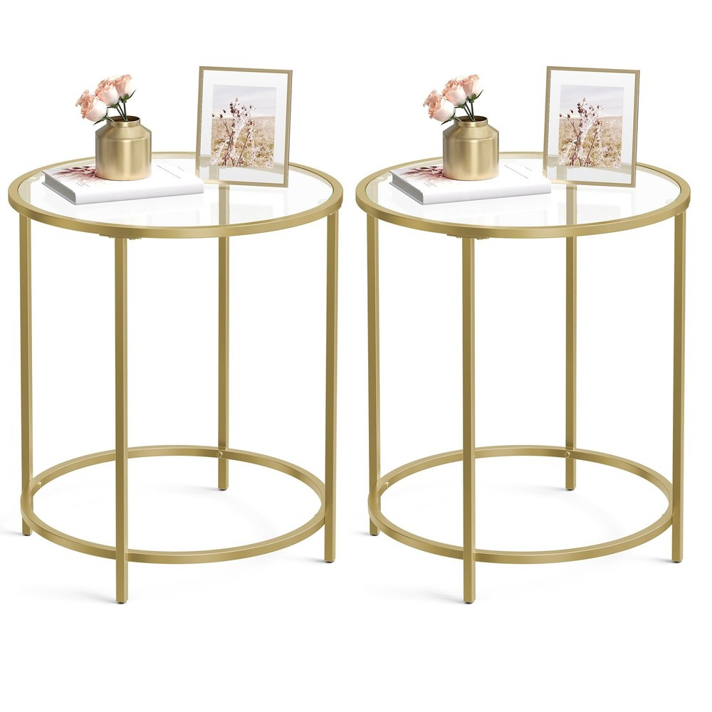 Vasagle Round Side Tables Set Of 2 Glass End Tables Metal Frame Gold Coffee