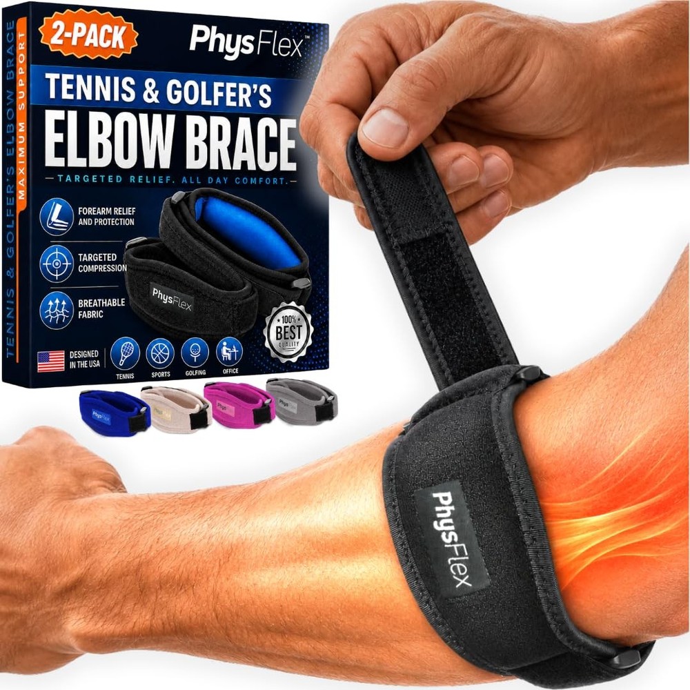 PhysFlex 2-Pack Elbow Brace for Men & One Size (Pack Of 2), Black 2)
