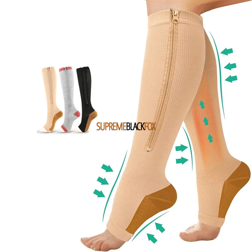 Compression Socks (3 Pack) Stockings 15-20mmHg Knee High Support Open Toe Zipper