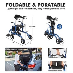 Ⓜ️Walker Wheelchair Combo Foldable Aluminum Rollator with Footrests for Seniors