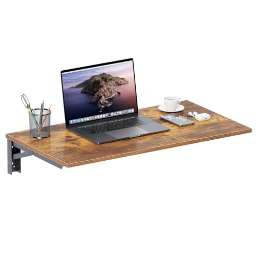 Wall Mounted Folding L30″ * W20″ Rustic Brown Desktop & Black Shelf Brackets