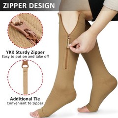 Ailaka Zipper 20-30 mmHg Compression Socks for Women X-Large (1 Pair), Beige