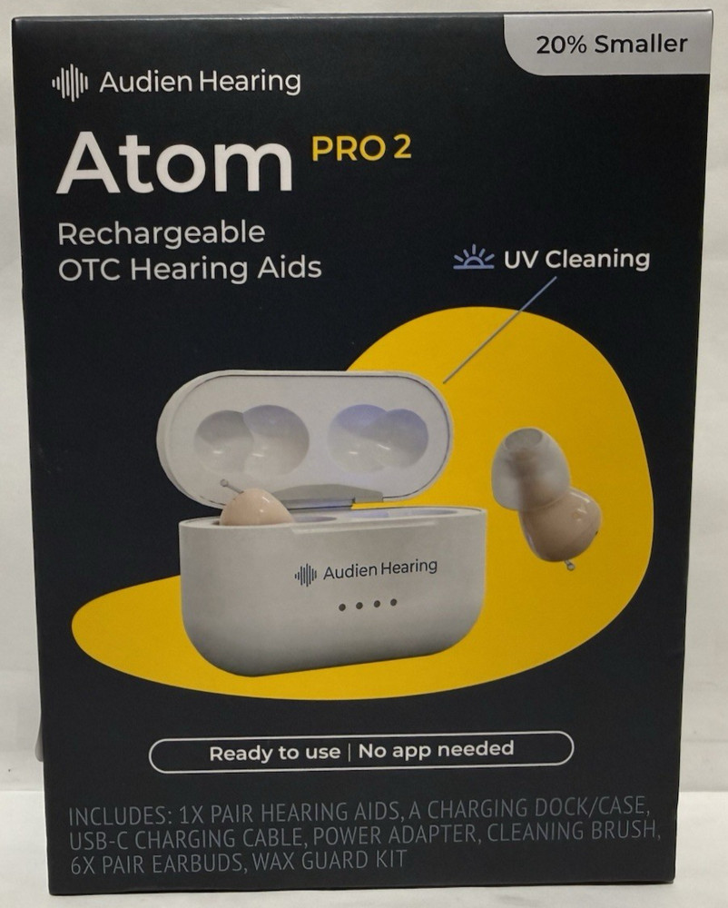 Audien Hearing Atom Pro 2 Rechargeable OTC Hearing Aids + UV Cleaning
