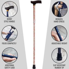 Foldable Cane Walking Stick Floral Aluminum Black Derby Handle Slip Resistant