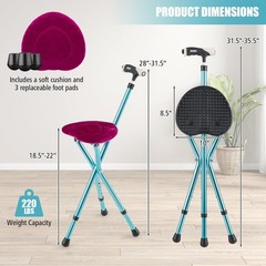 Goplus Walking Cane Seat Folding Heavy Duty Aluminum Alloy Crutch Chair Led