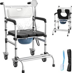 4-in-1 Adjustable Height Bedside Commode or Shower Chair w/ Wheels, 350 lb