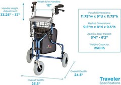 NOVA Traveler 3-Wheel Rollator Walker, All Terrain 8” Wheels w/ Bag/Basket/Tray