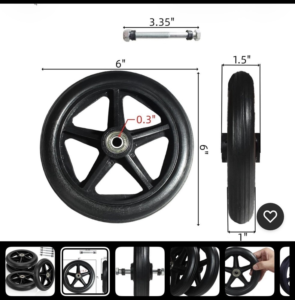 4 Pack Replacement Wheelchair Wheels, 6 Inch Solid 6 inches, BLACK