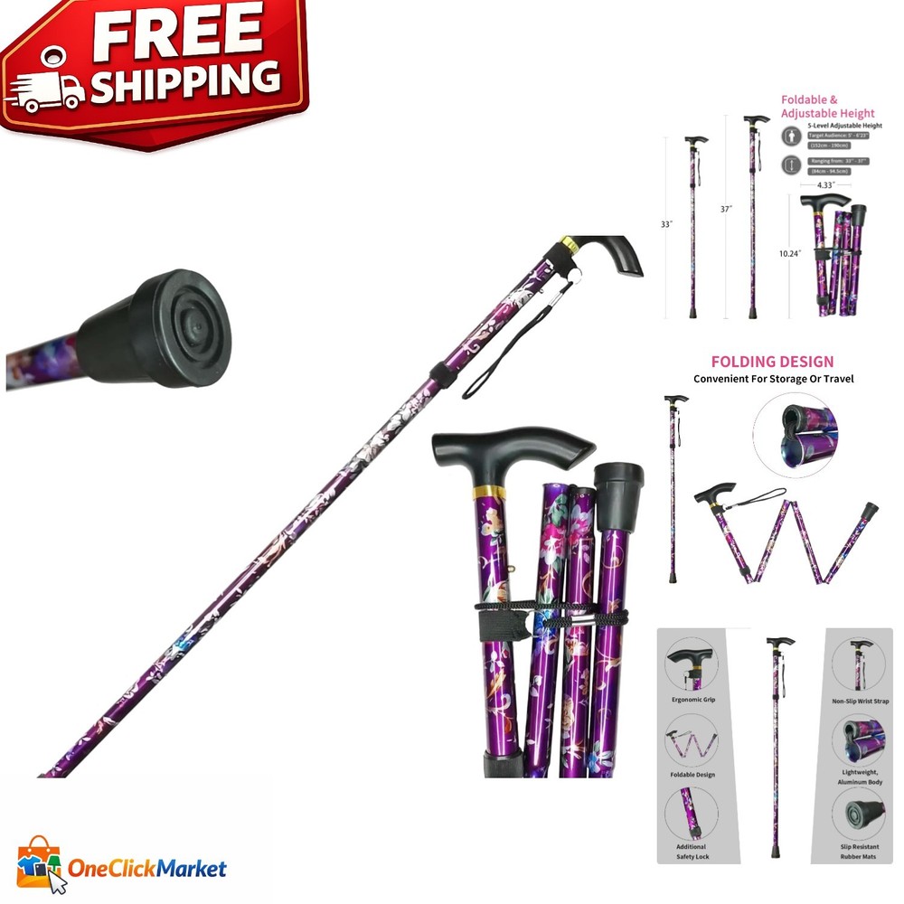 Portable Adjustable Folding Cane with Internal Wrist Strap & Ergonomic Grip