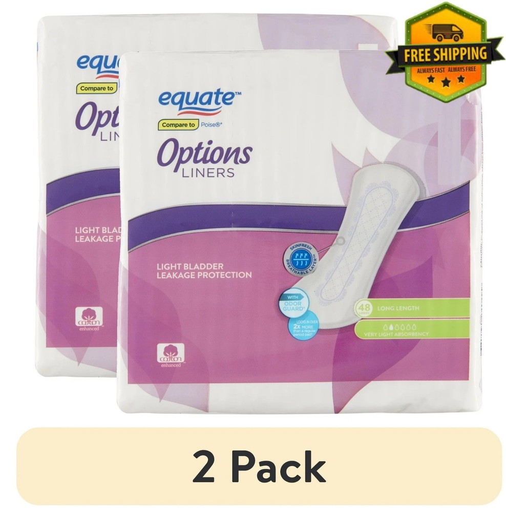 (2-Pack) Equate Options Women’s Incontinence Pads, Very Light, Long, 48 Count