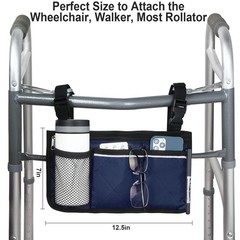 Blue Wheelchair Side Bag Armrest Storage Pouch with Cup Holder Reflective Strip
