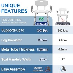 Shower Chair for Inside Shower with Padded Armrests and Back | Height Adjustable
