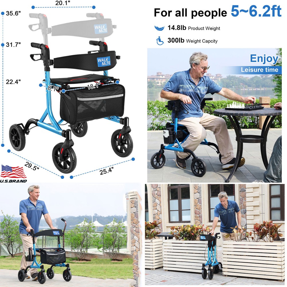 Folding Lightweight Rollator Walker Mobility Walking Aid w/Backrest W/Seat 300lb