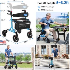 Folding Lightweight Rollator Walker Mobility Walking Aid w/Backrest W/Seat 300lb