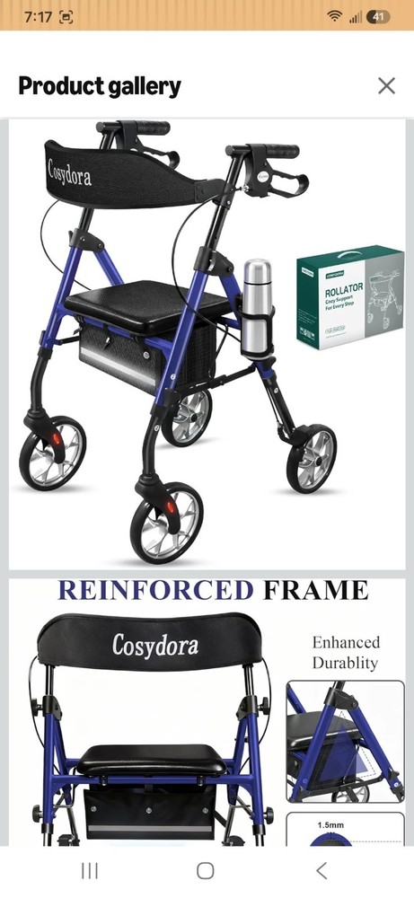 Cosydora R402 Rollator Walker with Seat 13.6 lb Lightweight 8″ Wheels, Blue