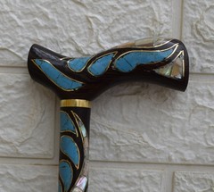 Handcrafted Egyptian Stick, Turquoise & Mother of Pearl Inlay Wood Walking Cane