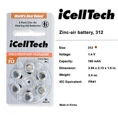 iCellTech Size 312 1.45V Hearing Aid Batteries (180 Pack) + Free Battery Buddy