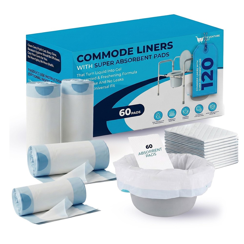 60 PCS Portable Bedside Commode Bucket Liners Bags With Absorbent Pads Kit