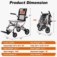 Wheelchairs for Adults, Transport Wheelchair Lightweight Foldable,26lb,220-pound
