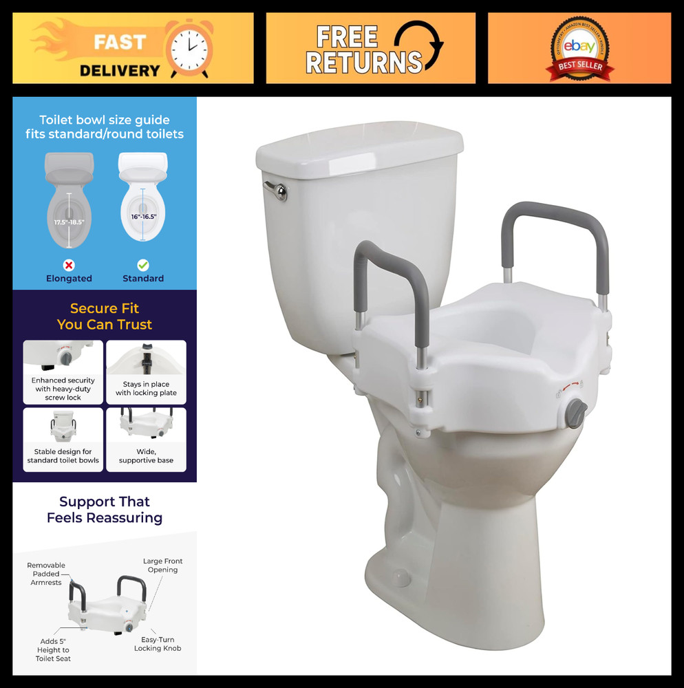 2-in-1 Raised Toilet Seat with Padded Arms – Elevated Bathroom Safety Support, E