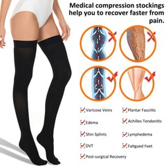 Thigh High Socks Full Toe Compression Stockings for Swollen Leg w/ Silicone Band