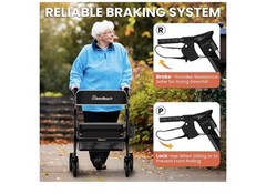 BlessReach Heavy Duty Rollator Walker For Seniors Wide Seat Backrest 450lbs Gray