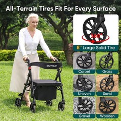 Steppliot Rollator Walker for Seniors Adults with Seat Backrest Black Max 500 Lb