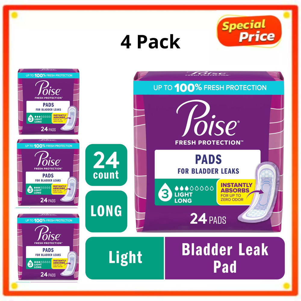 4Pk Poise Incontinence Pads for Women,3 Drop Light Absorbency, Long Length, 24Ct