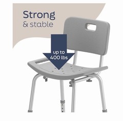 New Gray Adjustable Height Shower/Bath Chair with Back, 16.5-20.5 in, 400 lb