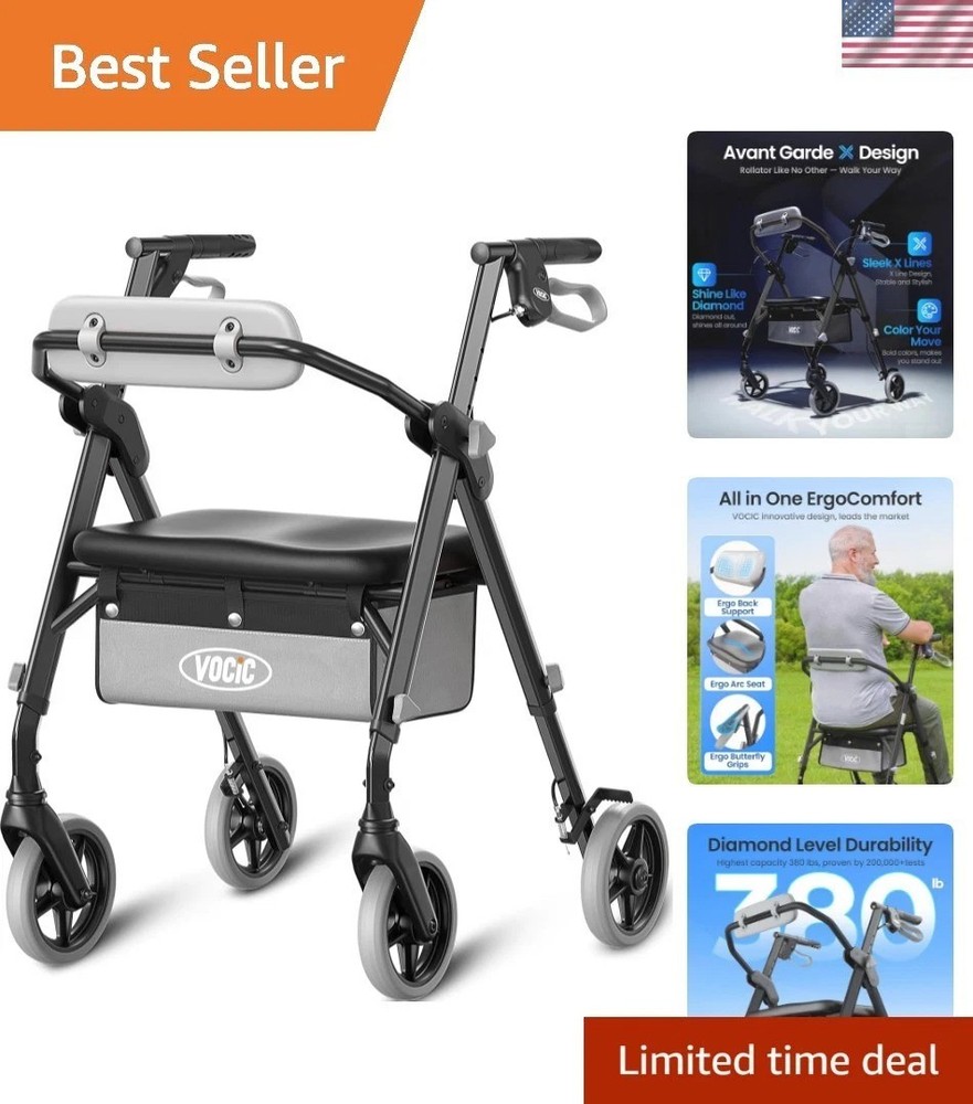 Luxury Rollator Walker for Seniors – Supports 380 lbs, Foldable & Lightweight