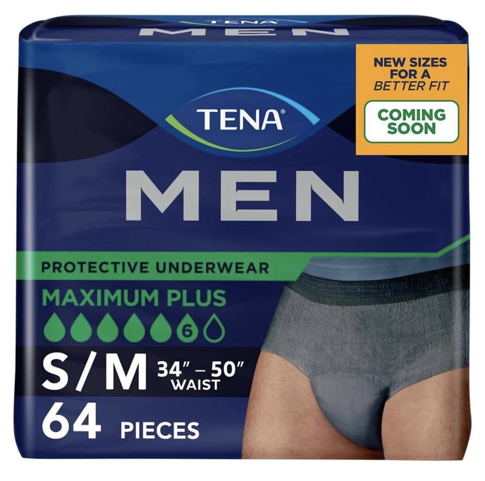 64 Count Tena S/M Maximum Plus Coverage Mens Incontinence Underwear Bladder