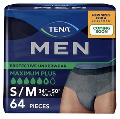 64 Count Tena S/M Maximum Plus Coverage Mens Incontinence Underwear Bladder