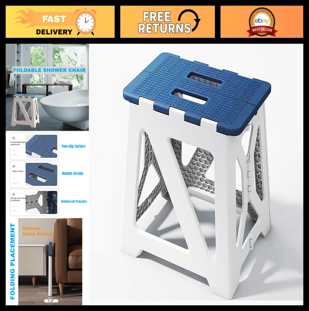 Foldable Anti-Slip Bath Shower Chair for Seniors – Blue Safety Seat Stool 15.7″