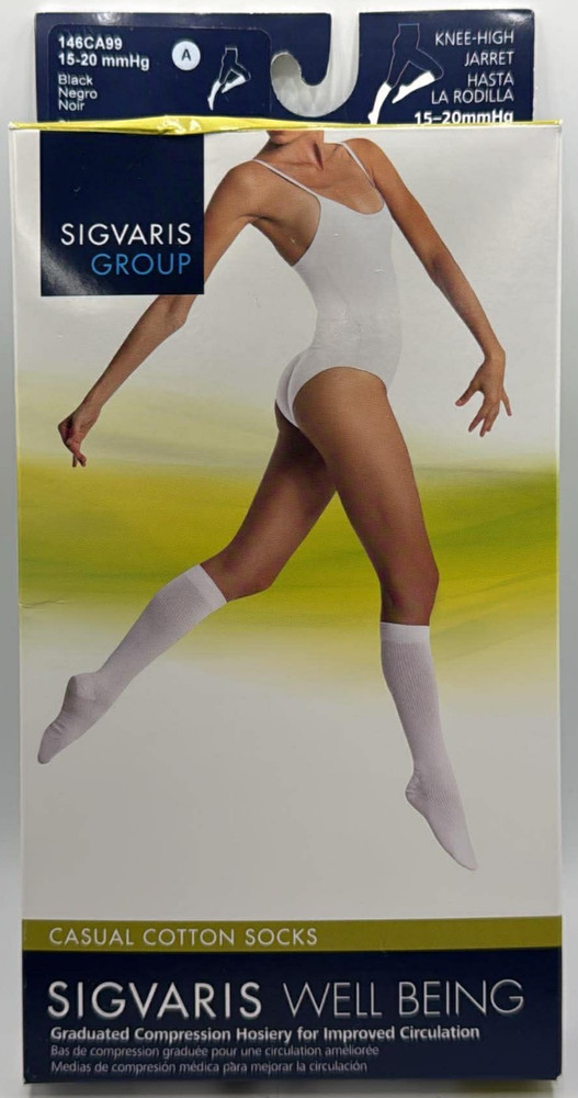 Sigvaris Group Knee High Casual Cotton Socks ~ 146CA99 15-20mmHG A ~ BLACK ~