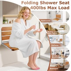 Flngr 16in Wall Mounted Folding Shower Seat Teak Wood 400lb Capacity Bench