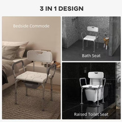 3-In-1 Shower Chair with Back and Arms, Height Adjustable Bedside Commode with N