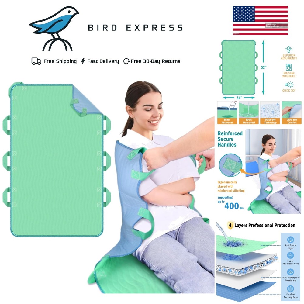 34×52 Inch Waterproof Reusable Bed Pad with Handles for Patient Lifting Transfer